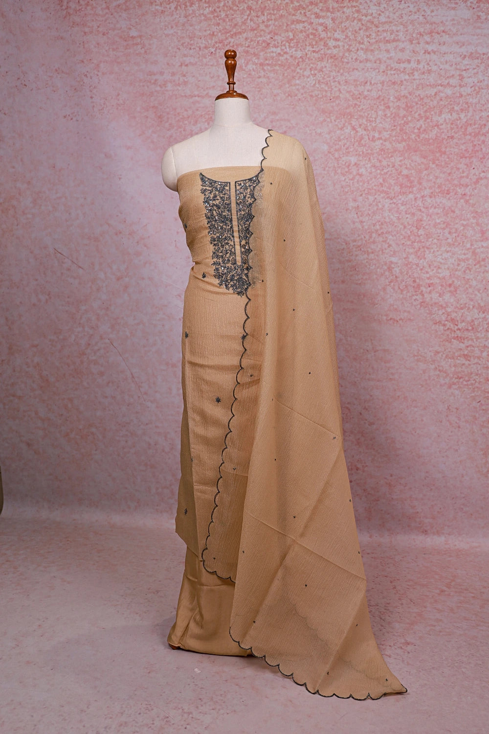 Beige Color Crush Silk Beads Work Unstitched Churidhar Material