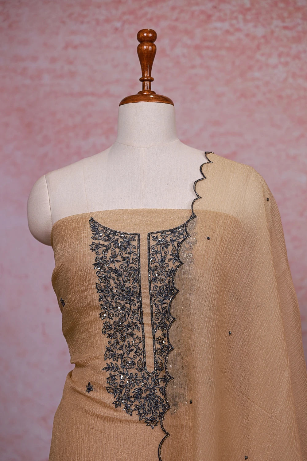Beige Color Crush Silk Beads Work Unstitched Churidhar Material