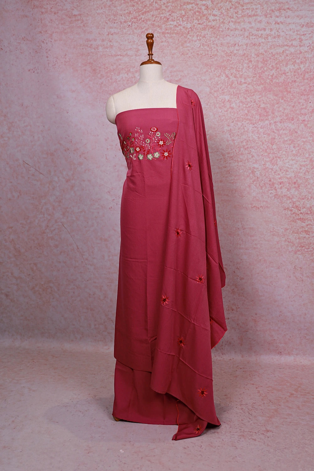 Onion Pink Crepe Embroidery Unstitched Churidhar Material