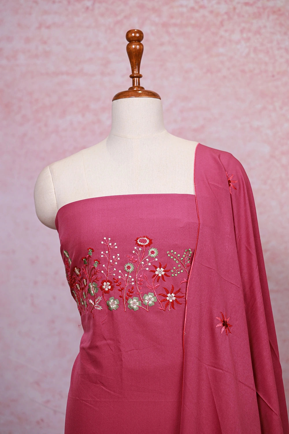 Onion Pink Crepe Embroidery Unstitched Churidhar Material