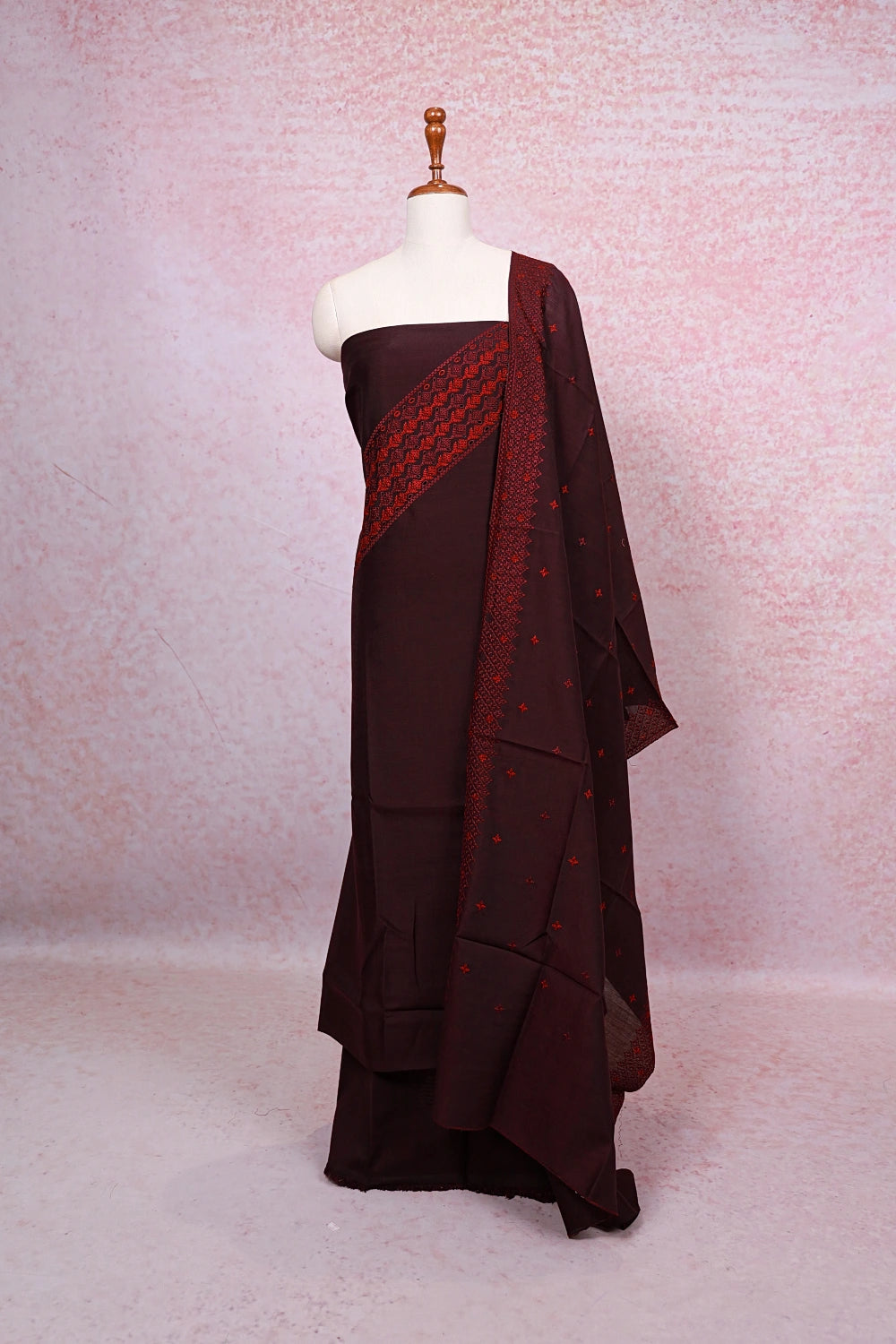 Dark Wine Semi Silk Cutt Work Unstitched Churidhar Material