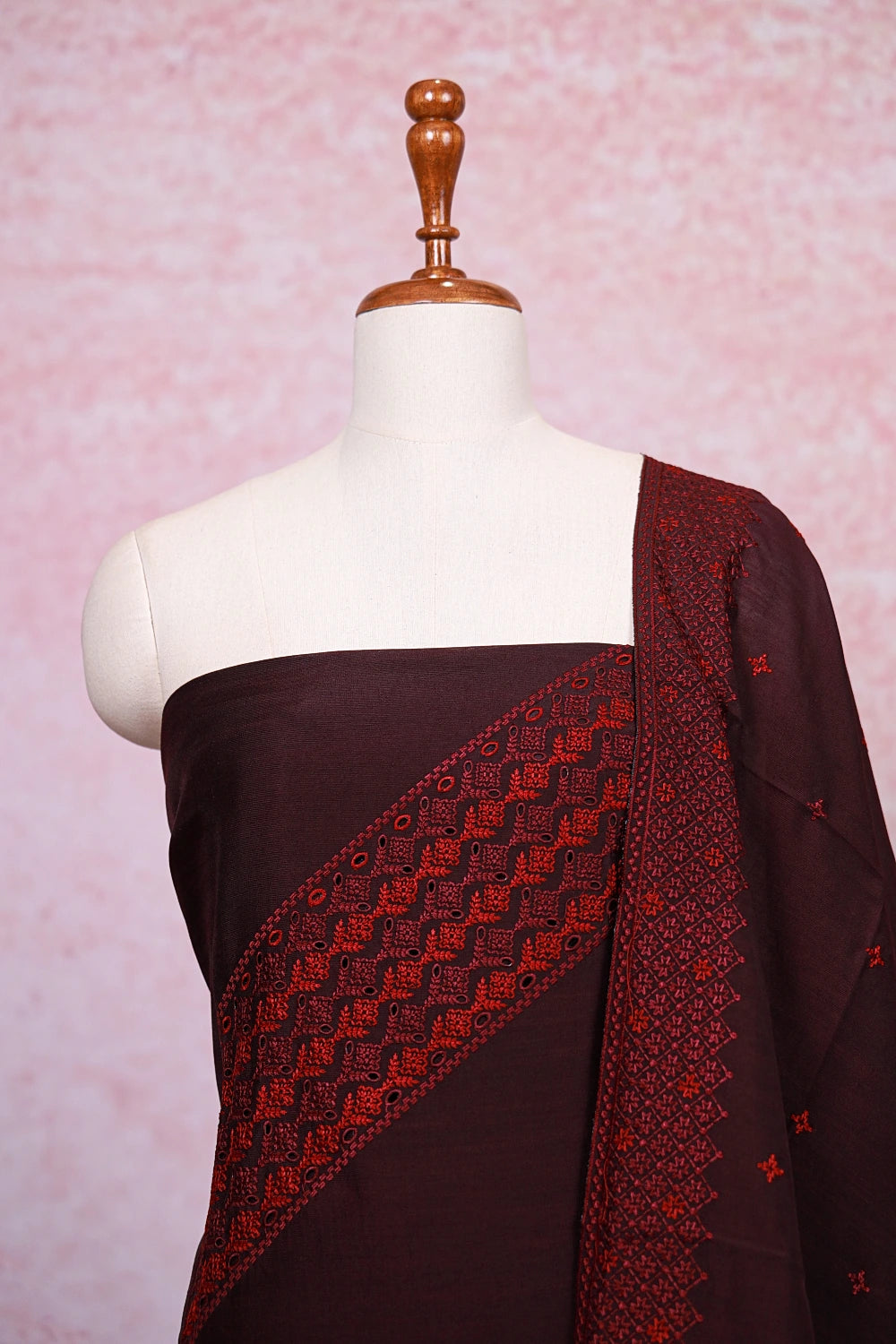 Dark Wine Semi Silk Cutt Work Unstitched Churidhar Material