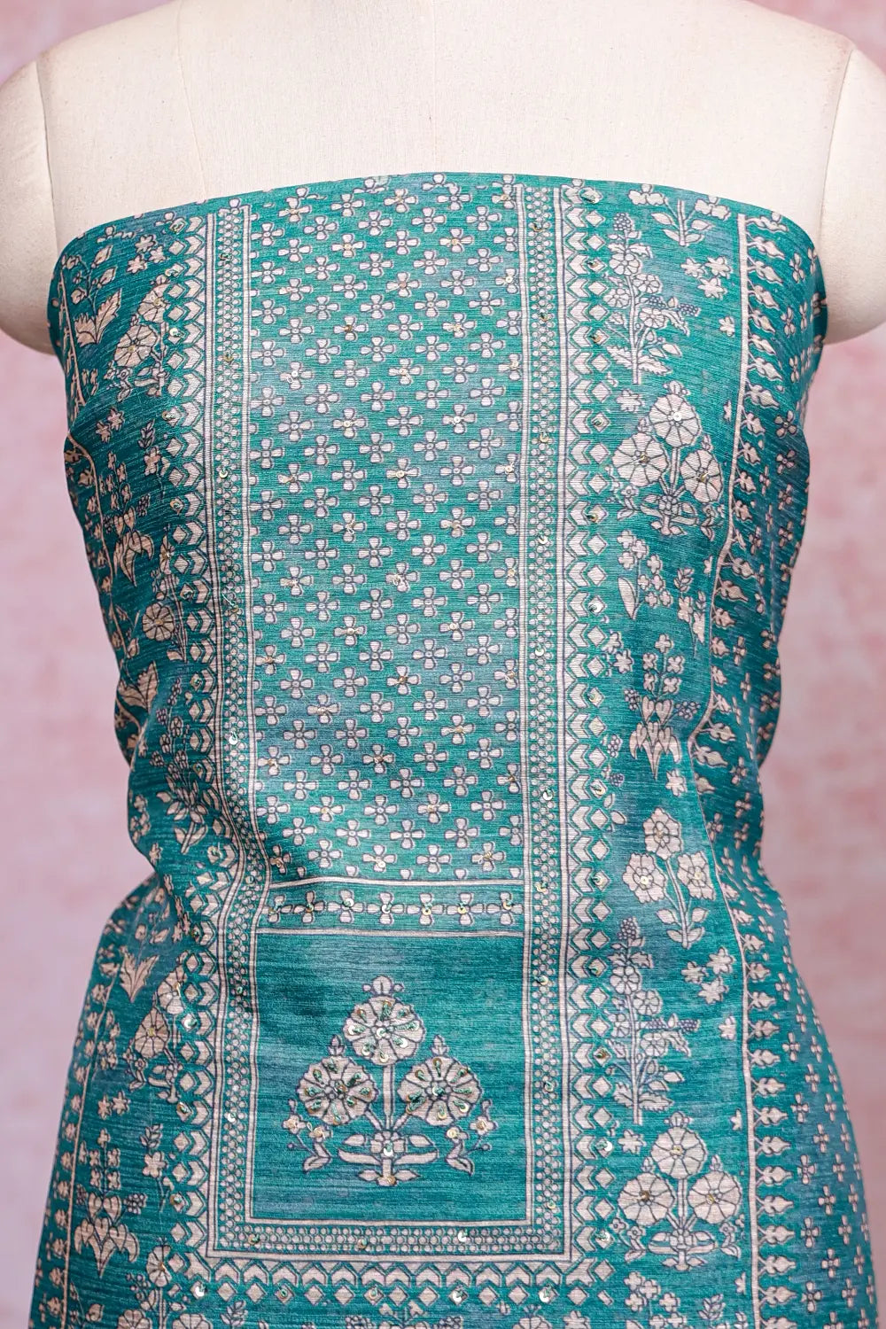 Green Semi Silk Printed Unstitched Churidhar Material