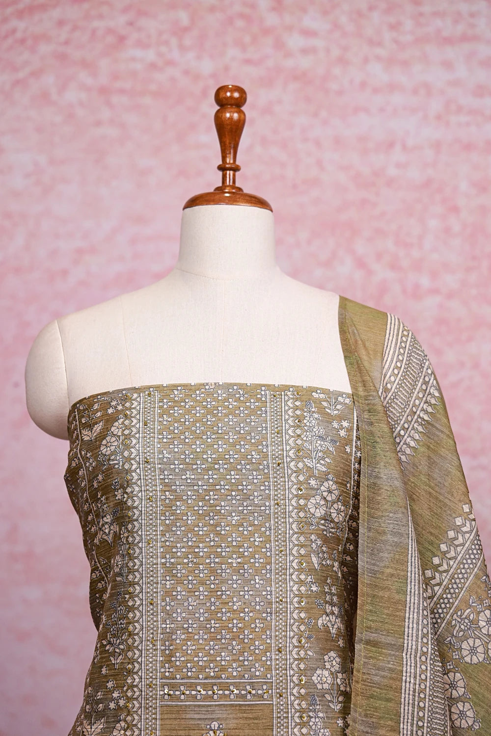 Mehandi Green Semi Silk Printed Unstitched Churidhar Material