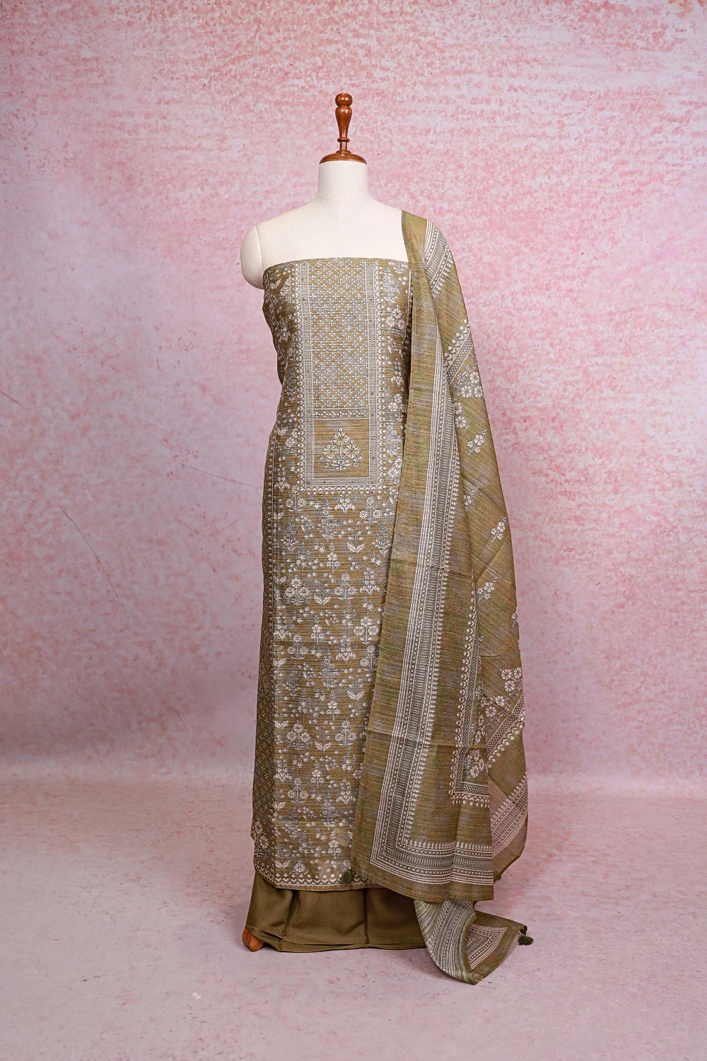 Mehandi Green Semi Silk Printed Unstitched Churidhar Material