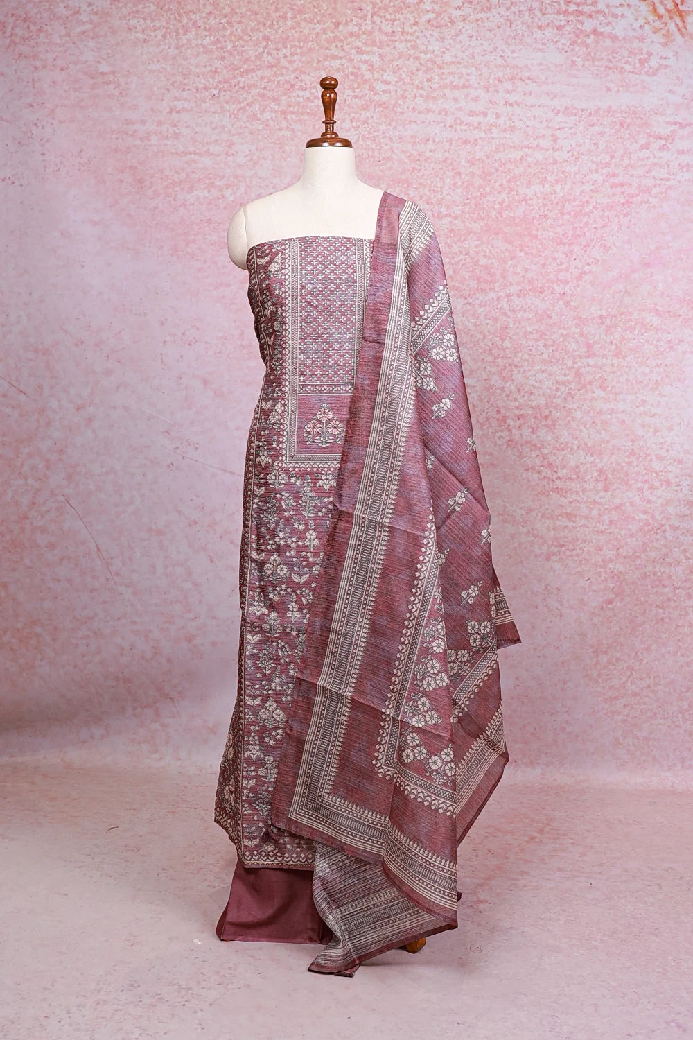 Onion Color Semi Silk Printed Unstitched Churidhar Material