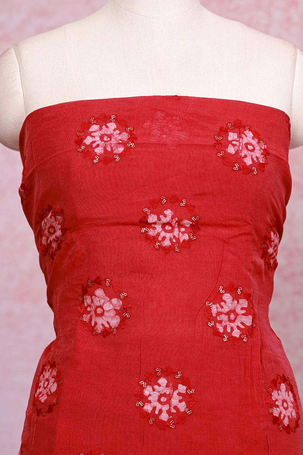 Red Tissue Organza Bathik Printed Unstitched Churidhar Material