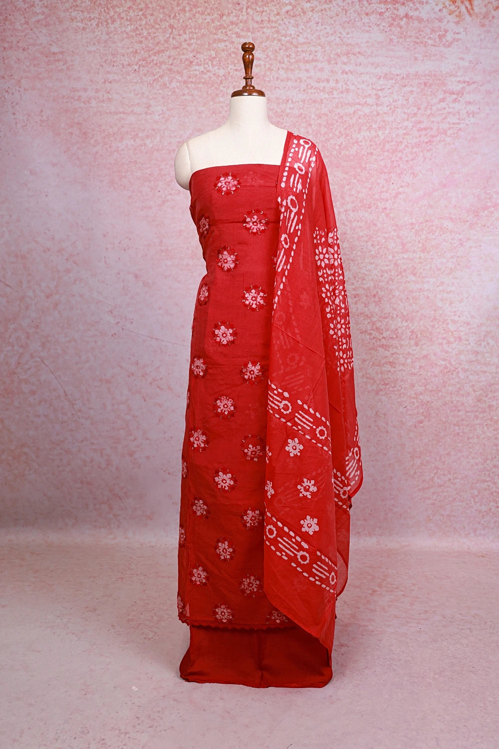 Red Tissue Organza Bathik Printed Unstitched Churidhar Material