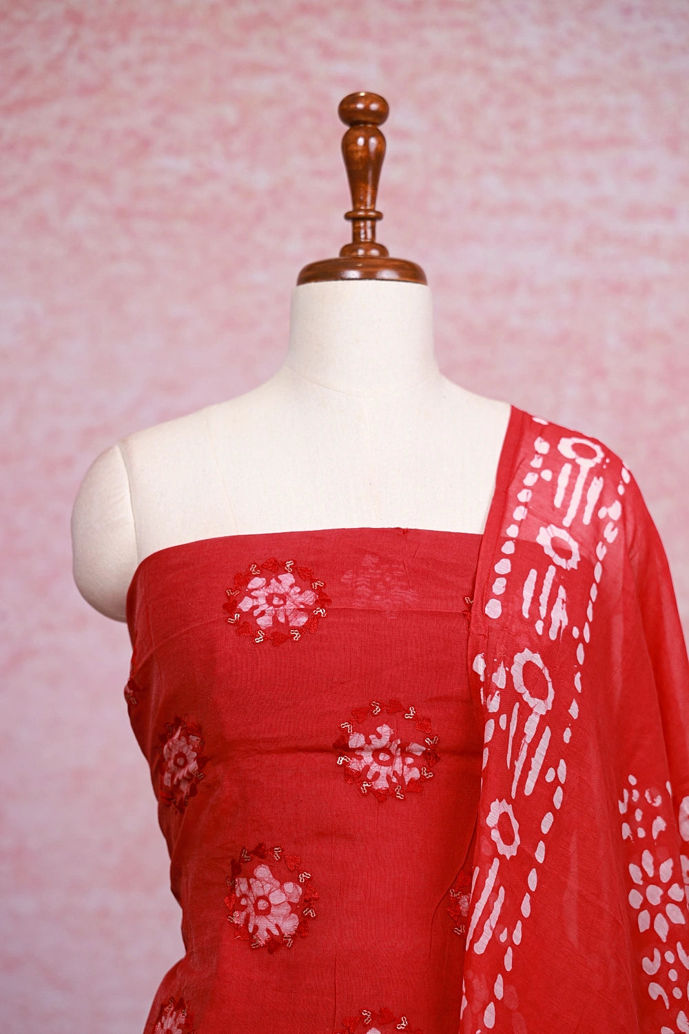 Red Tissue Organza Bathik Printed Unstitched Churidhar Material