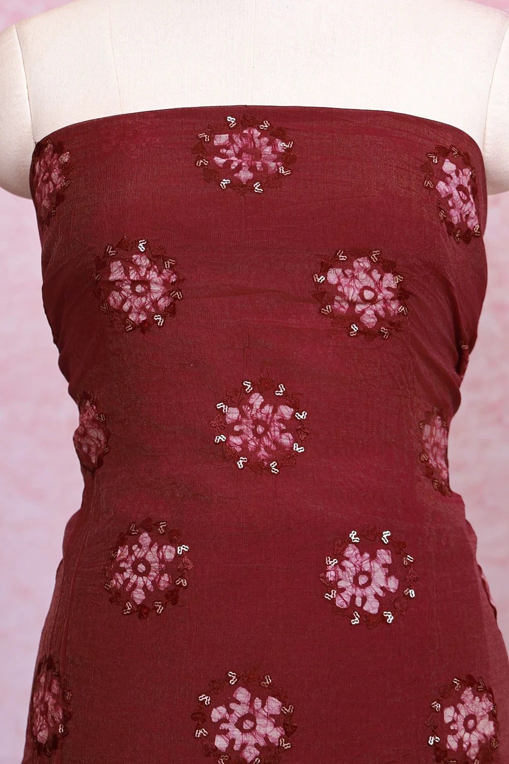 Wine Color Tissue Organza Bathik Printed Unstitched Churidhar Material