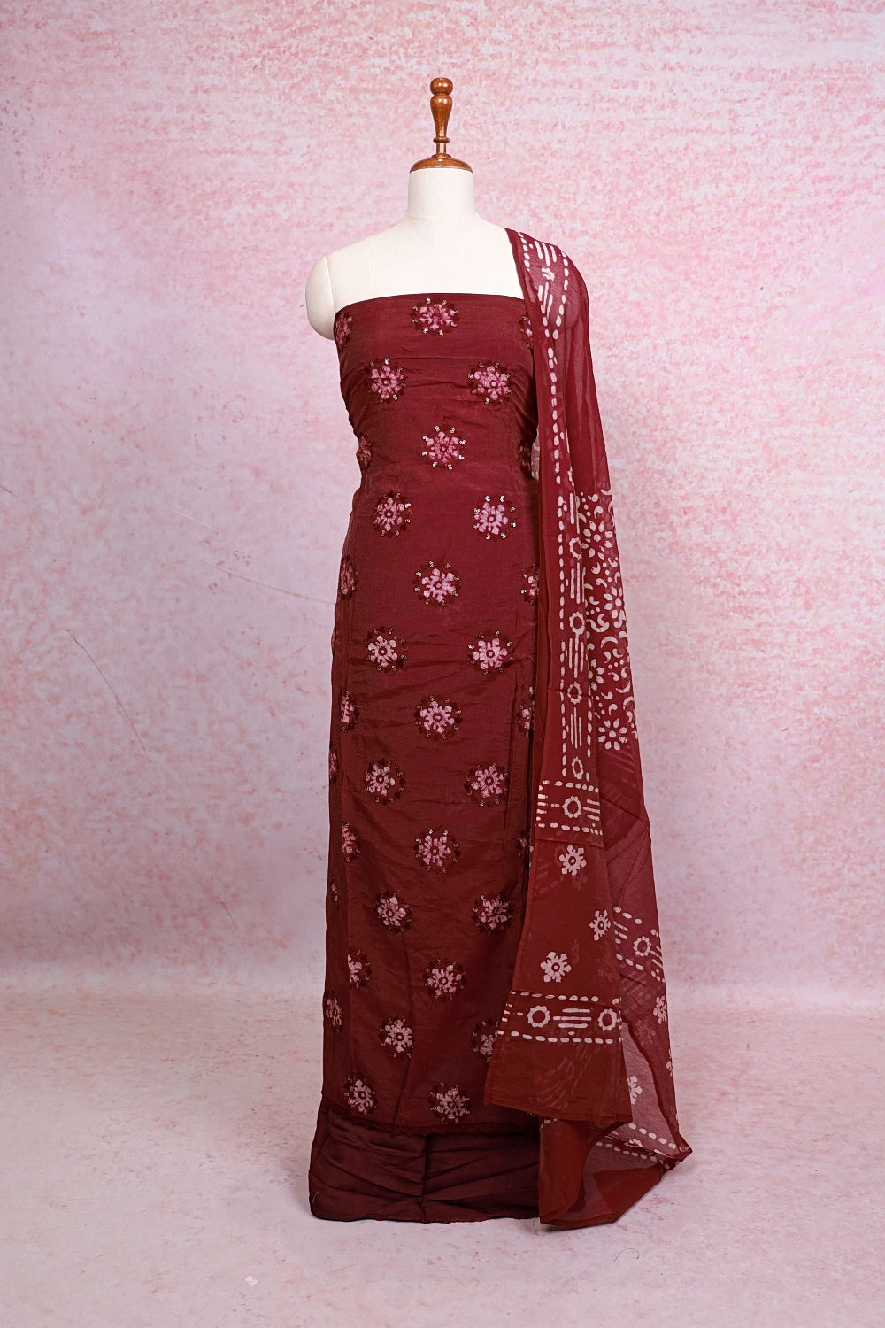 Wine Color Tissue Organza Bathik Printed Unstitched Churidhar Material