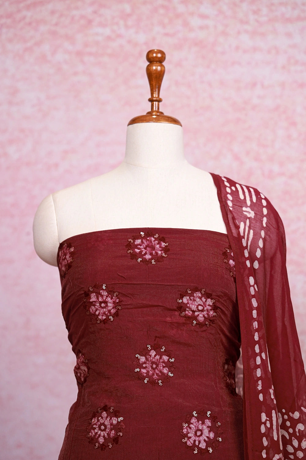 Wine Color Tissue Organza Bathik Printed Unstitched Churidhar Material