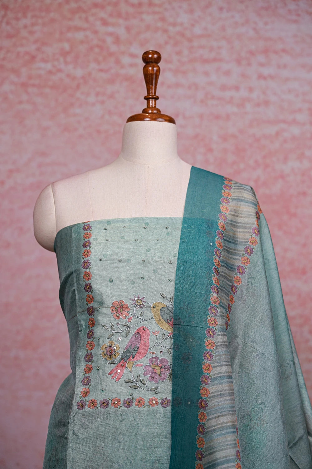 Sea Green Semi Tussar Thread Work Unstitched Churidhar Material - Seematti