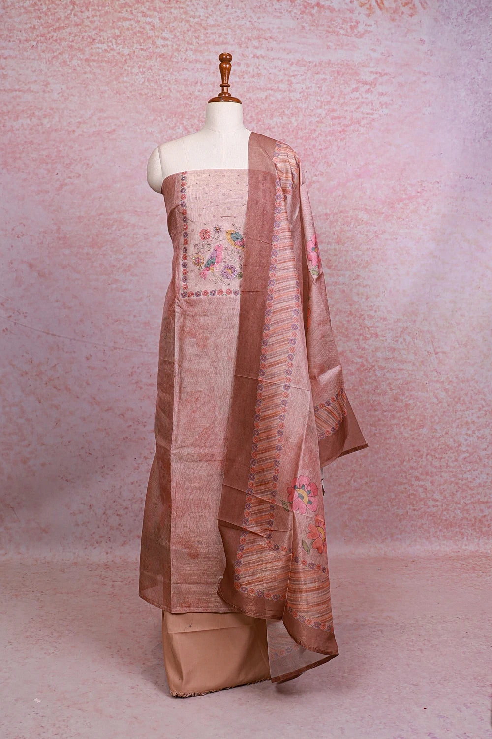 Champagne Color Tissue Silk Thread Design Unstitched Churidhar Material - Seematti