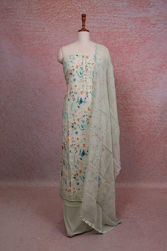 Pastel Green Semi Linen Printed Unstitched Churidhar Material - Seematti