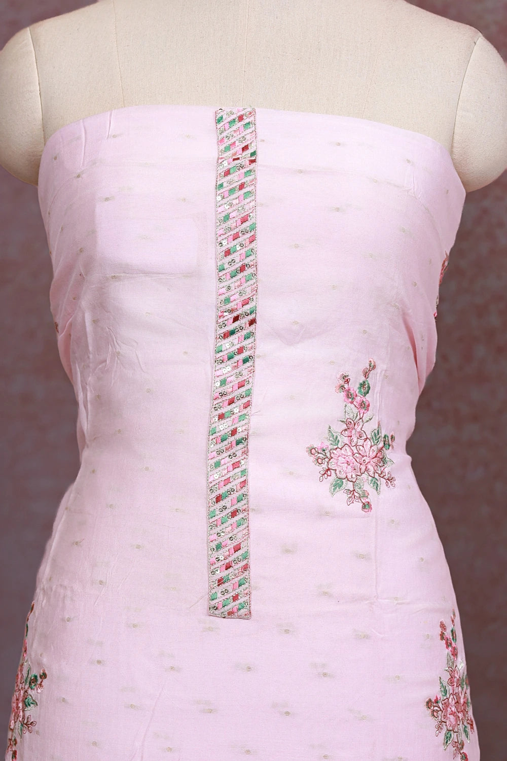 Light Pink Semi Linen Thread Butta Unstitched Churidhar Material - Seematti