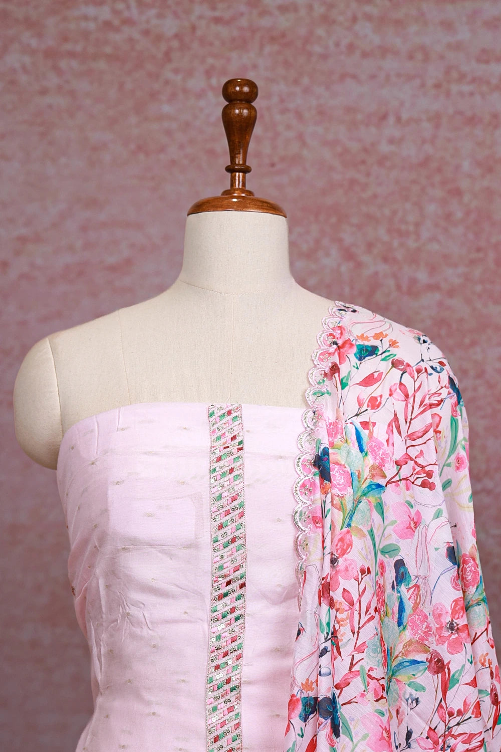 Light Pink Semi Linen Thread Butta Unstitched Churidhar Material - Seematti