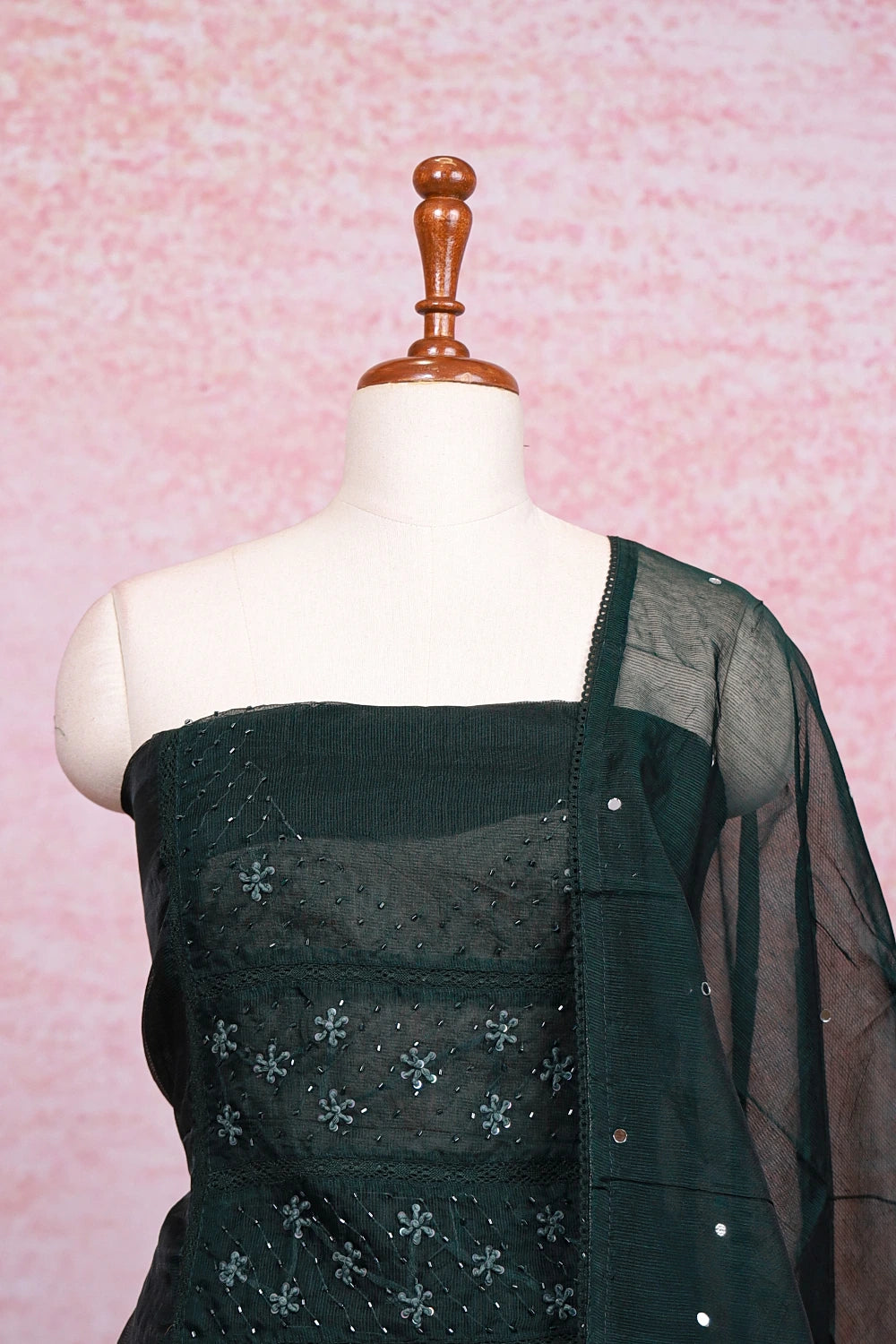 Dark Green Kota Beads Work Unstitched Churidhar Material - Seematti