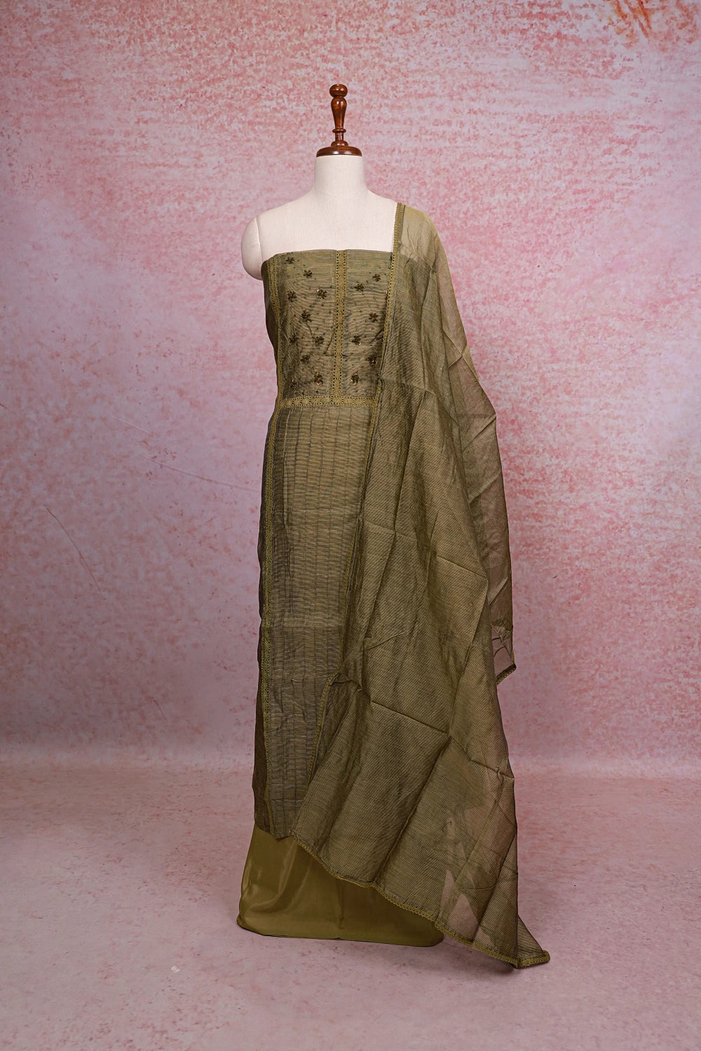 Moss Green Kota Beads Work Unstitched Churidhar Material - Seematti