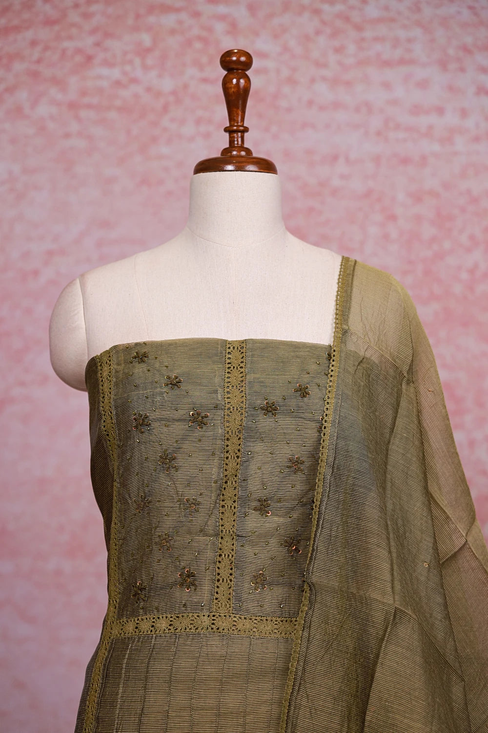 Moss Green Kota Beads Work Unstitched Churidhar Material - Seematti