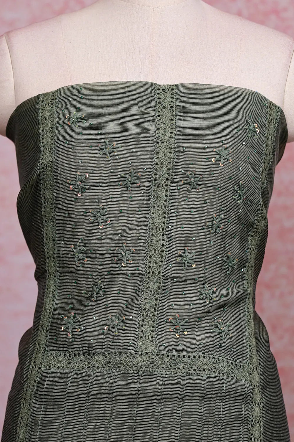 Green Kota Beads Work Unstitched Churidhar Material