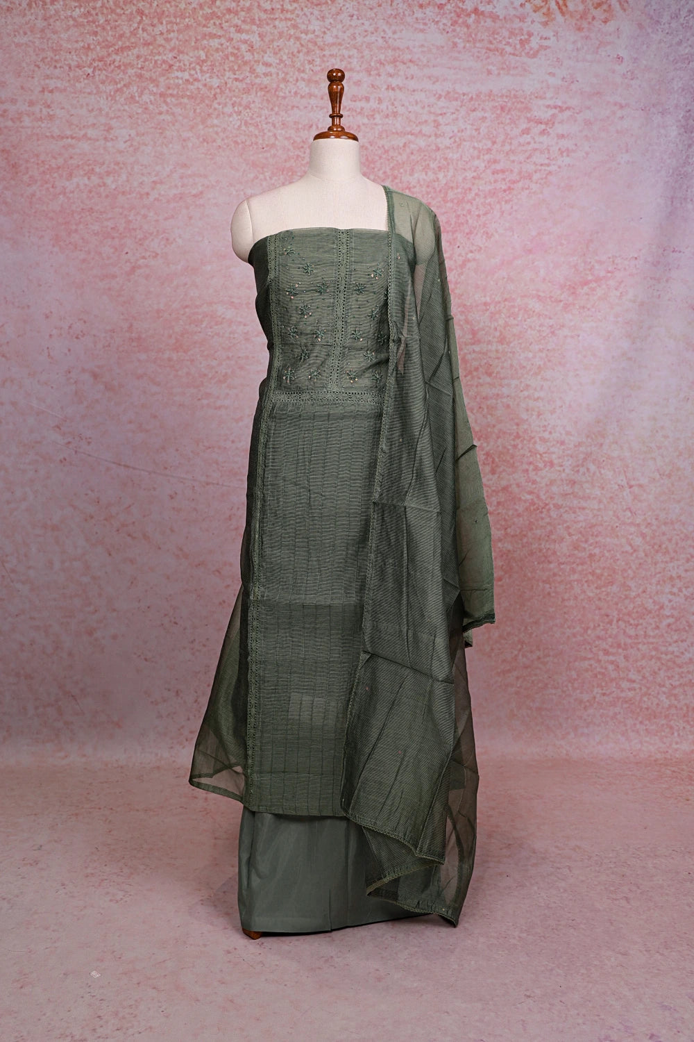 Green Kota Beads Work Unstitched Churidhar Material