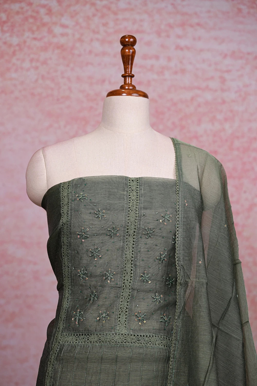 Green Kota Beads Work Unstitched Churidhar Material