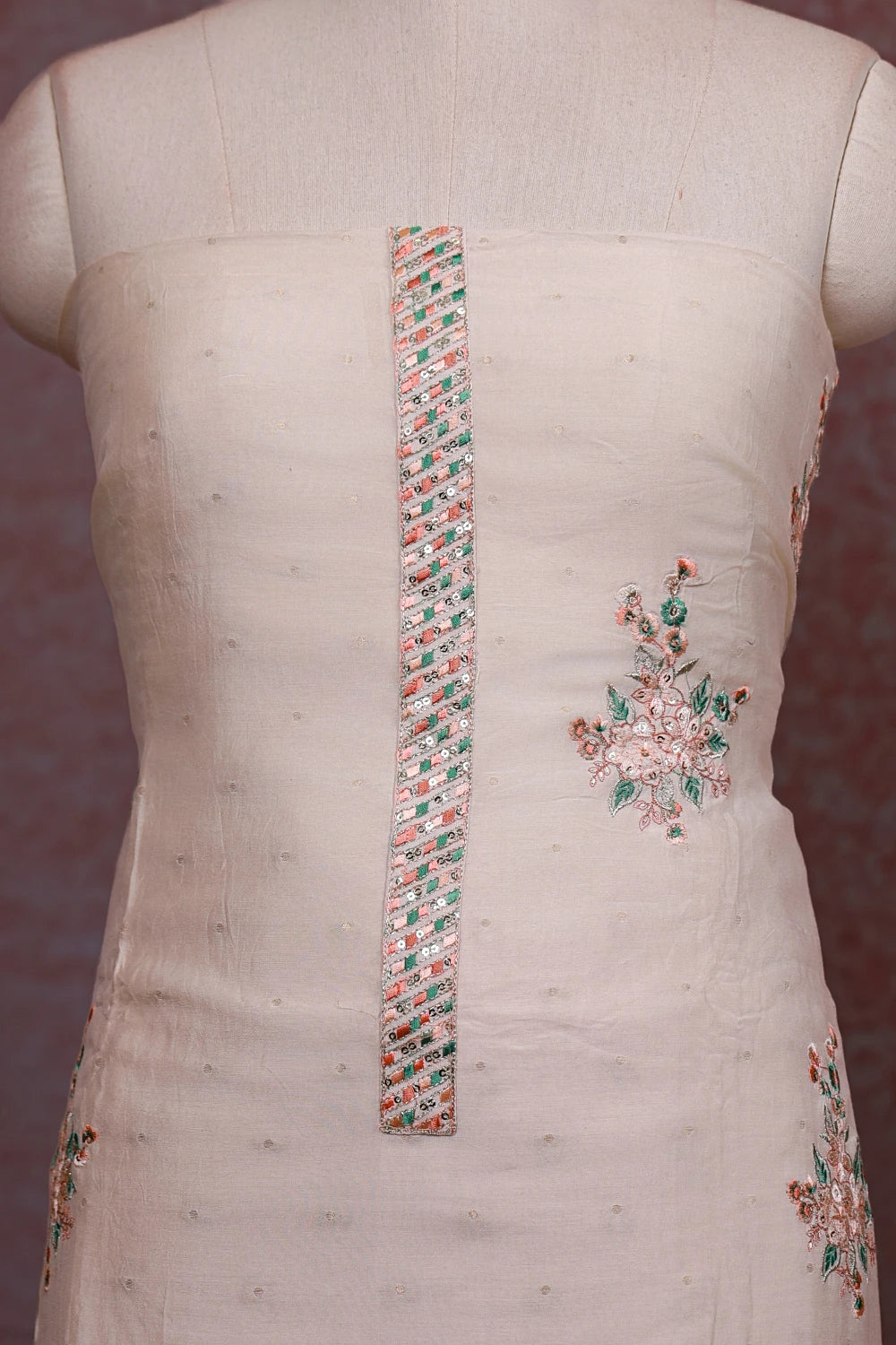 Cream Muslin Silk Embroidery Unstitched Churidhar Material