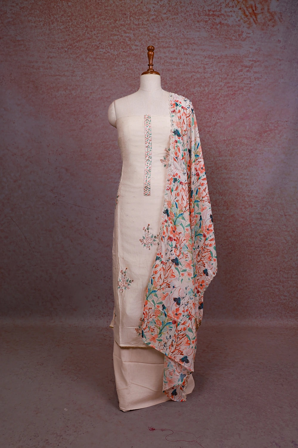 Cream Muslin Silk Embroidery Unstitched Churidhar Material