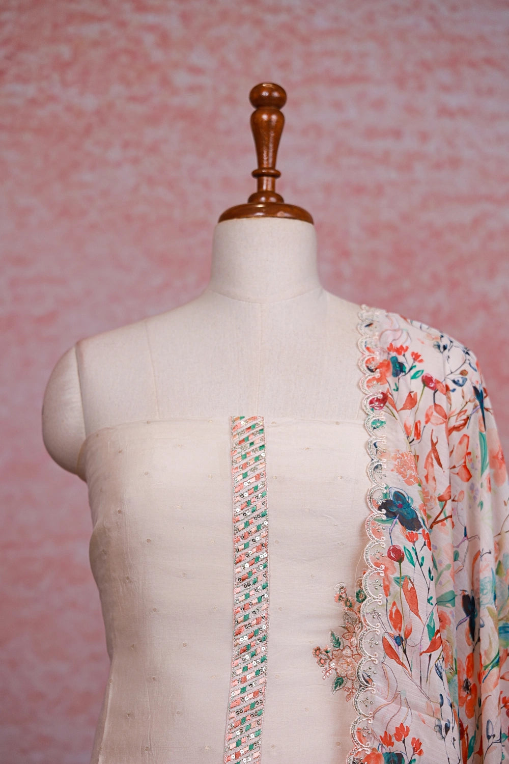 Cream Muslin Silk Embroidery Unstitched Churidhar Material