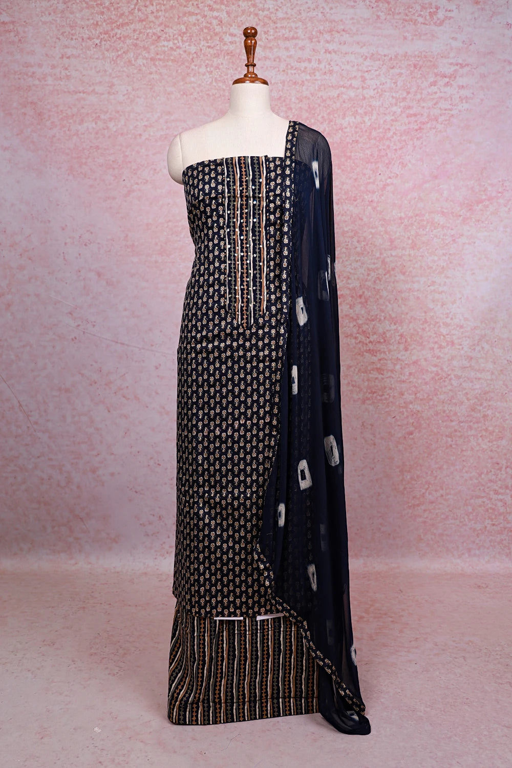 Navy Blue Soft Cotton Printed Unstitched Churidhar Material