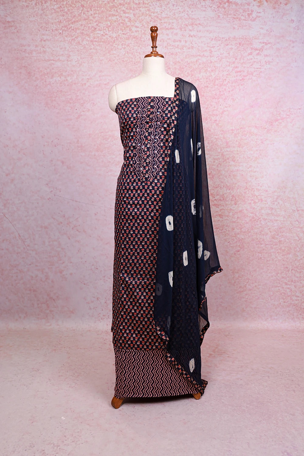 Navy Blue Soft Cotton Printed Unstitched Churidhar Material