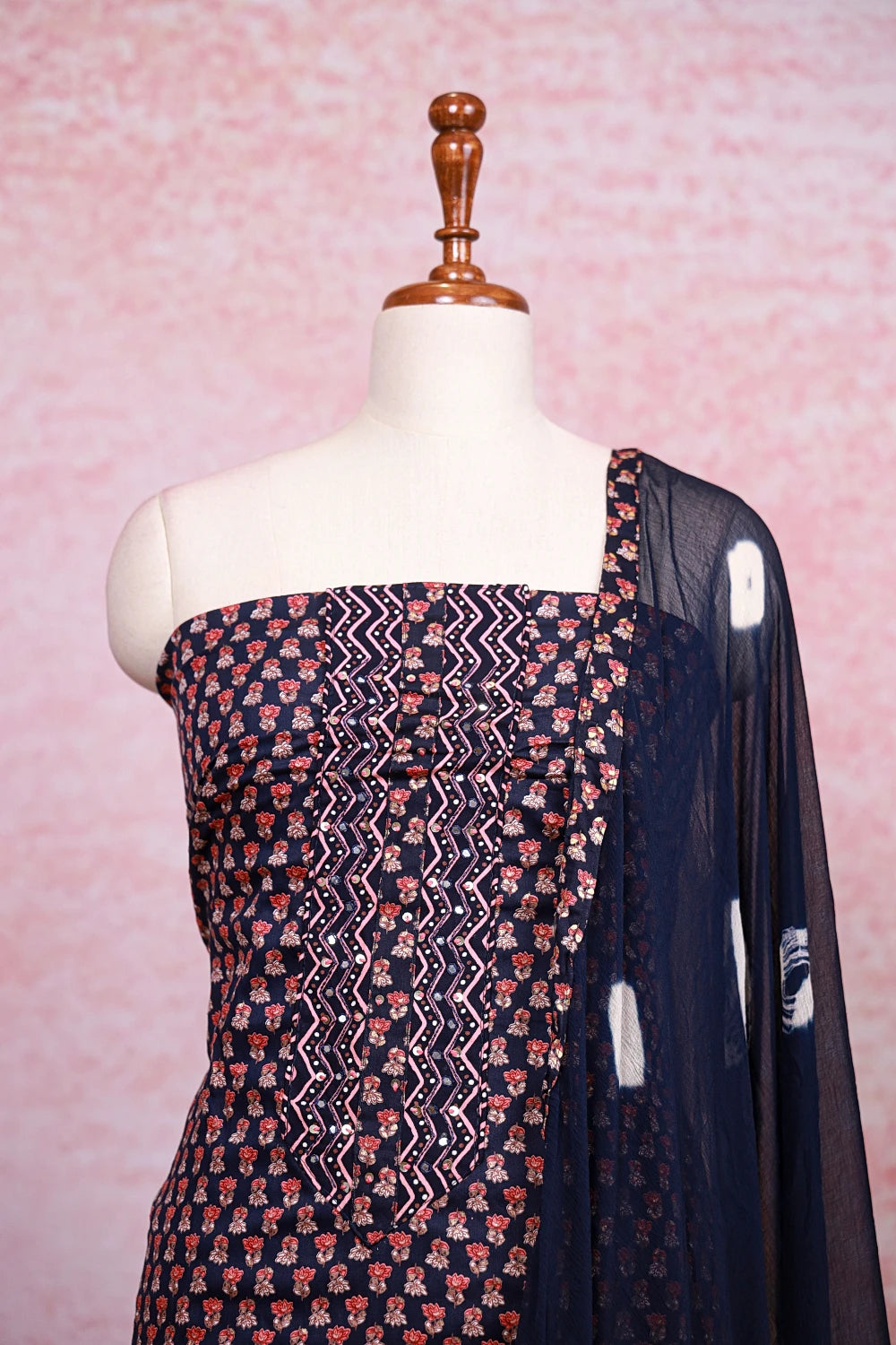 Navy Blue Soft Cotton Printed Unstitched Churidhar Material