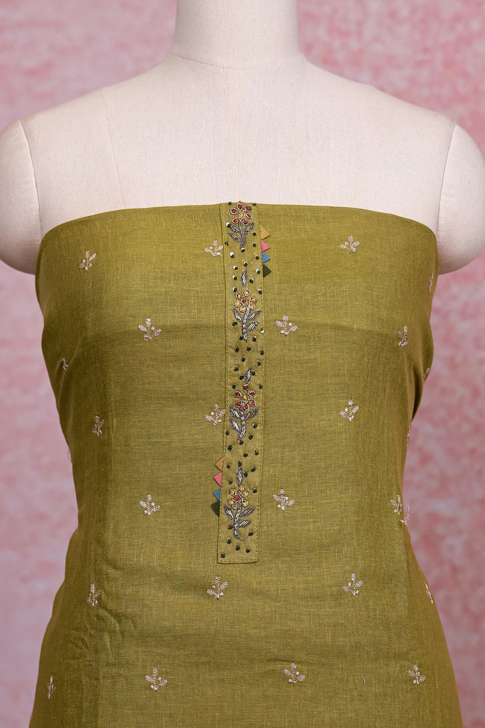 Mehandi Green Semi Linen Butta Unstitched Churidhar Material