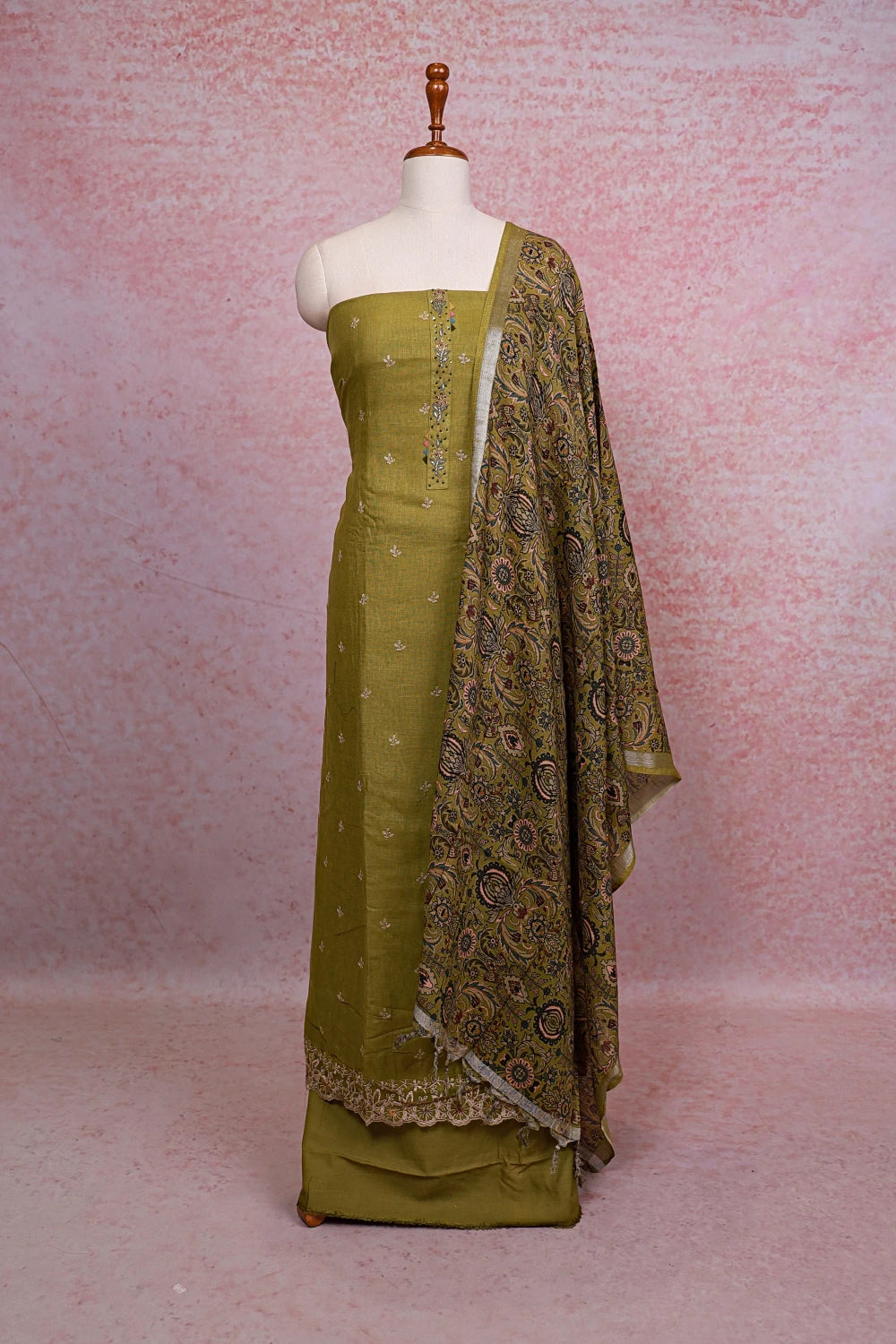 Mehandi Green Semi Linen Butta Unstitched Churidhar Material