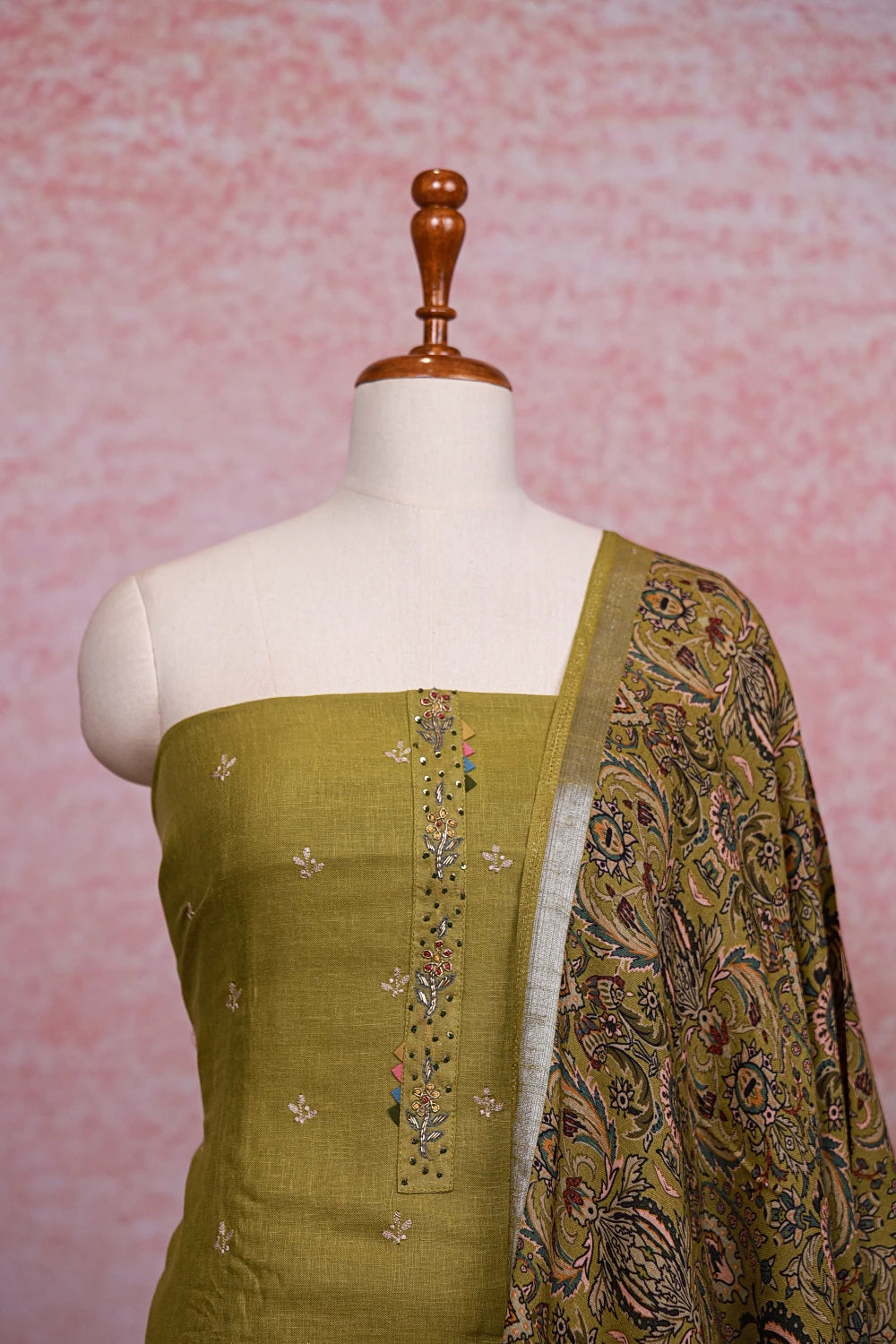Mehandi Green Semi Linen Butta Unstitched Churidhar Material