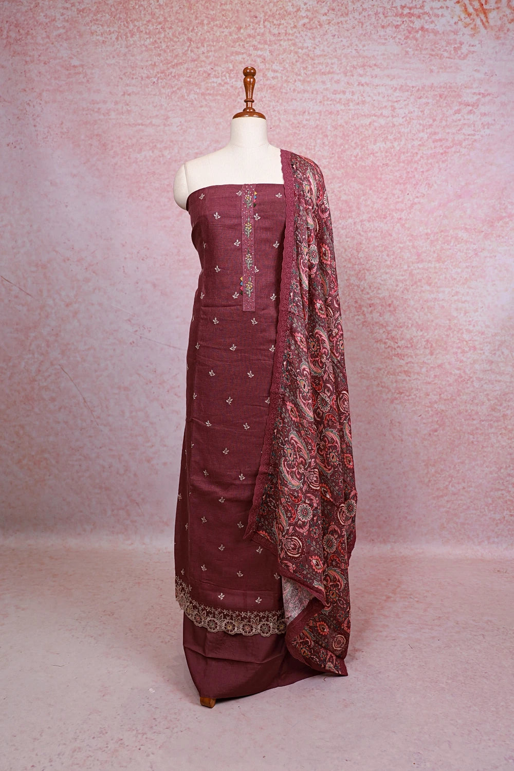Wine Color Semi Linen Butta Unstitched Churidhar Material