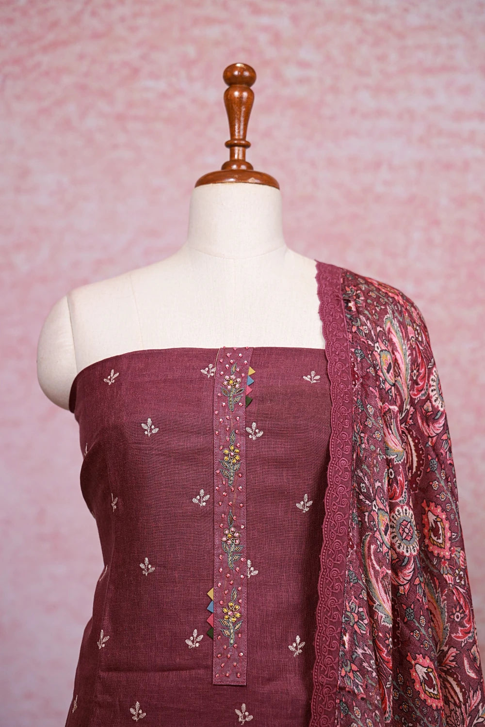 Wine Color Semi Linen Butta Unstitched Churidhar Material