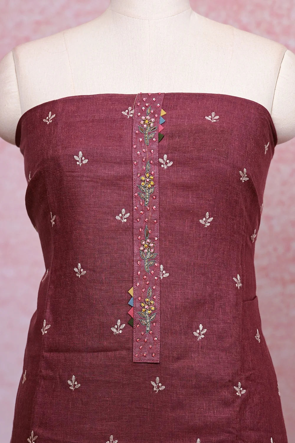 Wine Color Semi Linen Butta Unstitched Churidhar Material