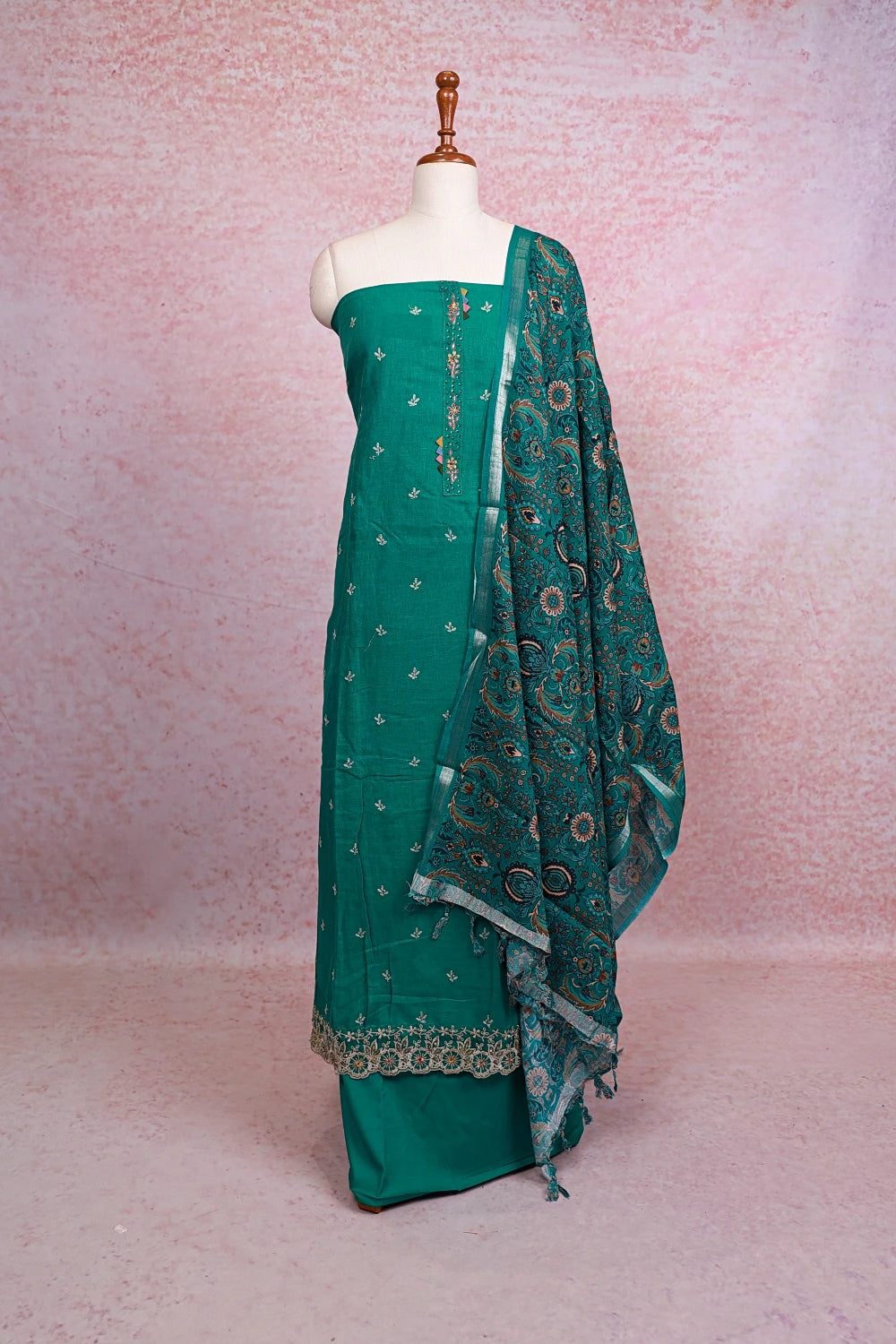 Green Semi Linen Butta Unstitched Churidhar Material