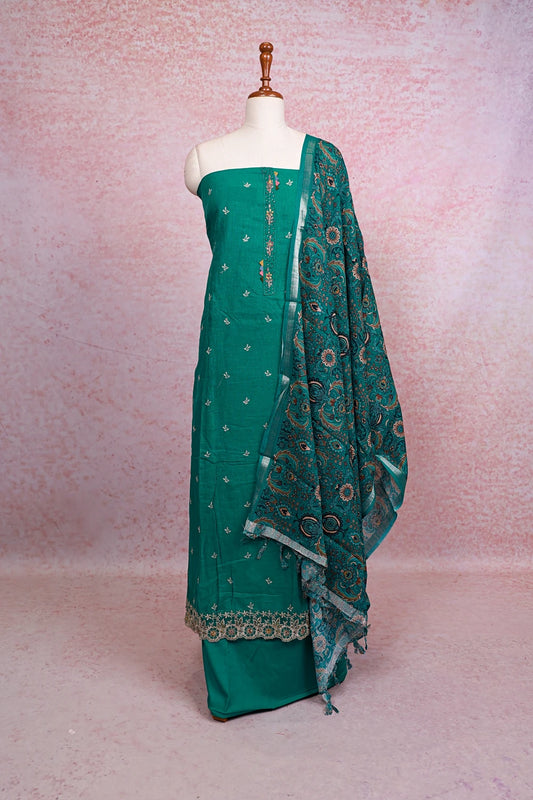 Green Semi Linen Butta Unstitched Churidhar Material - Seematti