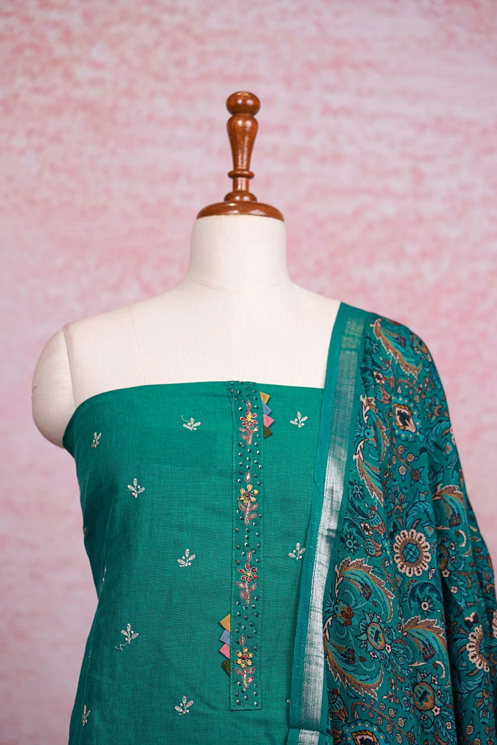 Green Semi Linen Butta Unstitched Churidhar Material
