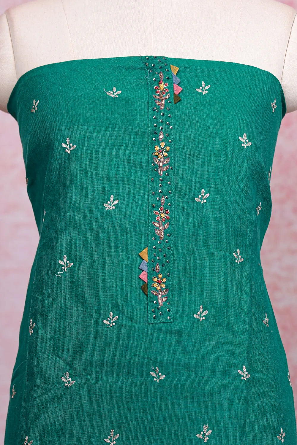 Green Semi Linen Butta Unstitched Churidhar Material