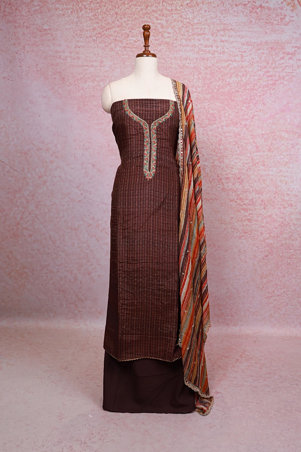 Coffee Brown Muslin Silk Printed Unstitched Churidhar Material