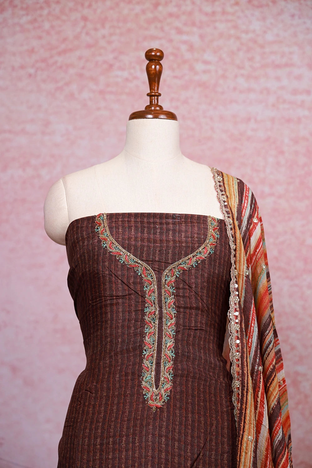 Coffee Brown Muslin Silk Printed Unstitched Churidhar Material