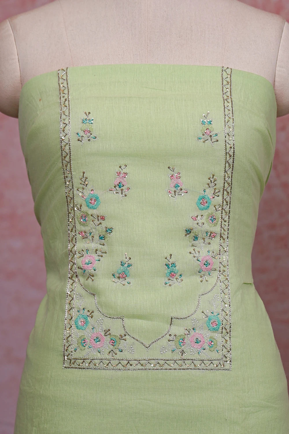 Pista Green Semi Linen Hand Worked Unstitched Churidhar Material