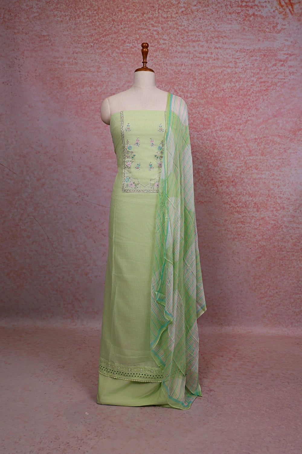 Pista Green Semi Linen Hand Worked Unstitched Churidhar Material