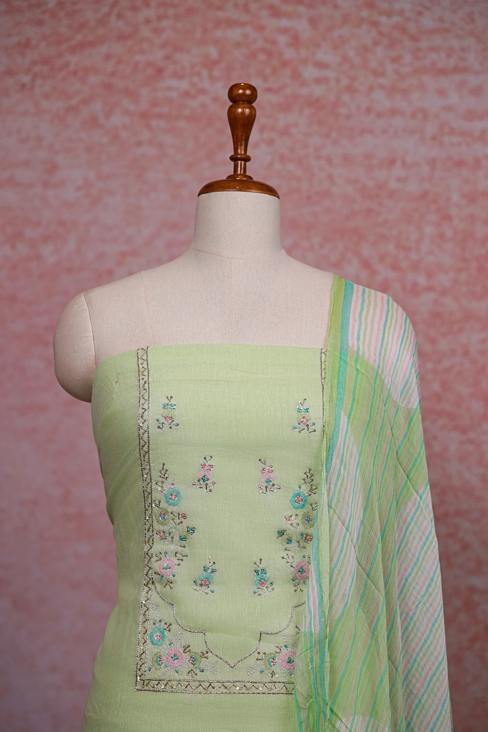 Pista Green Semi Linen Hand Worked Unstitched Churidhar Material