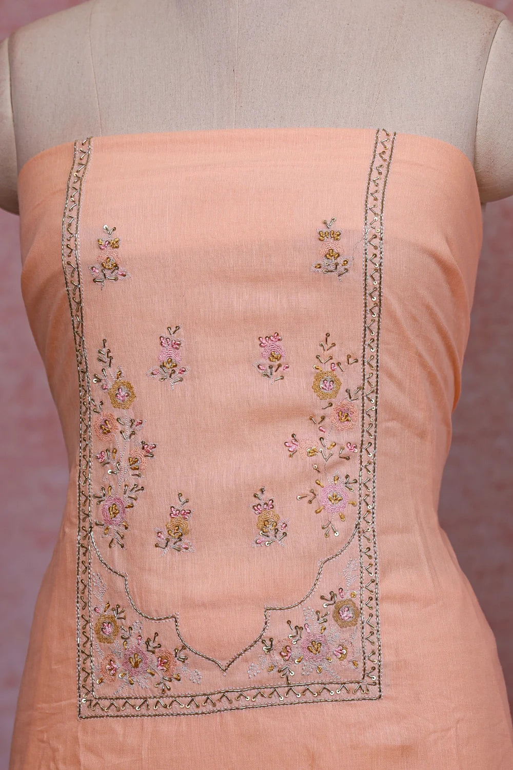 Peach Semi Linen Hand Worked Unstitched Churidhar Material