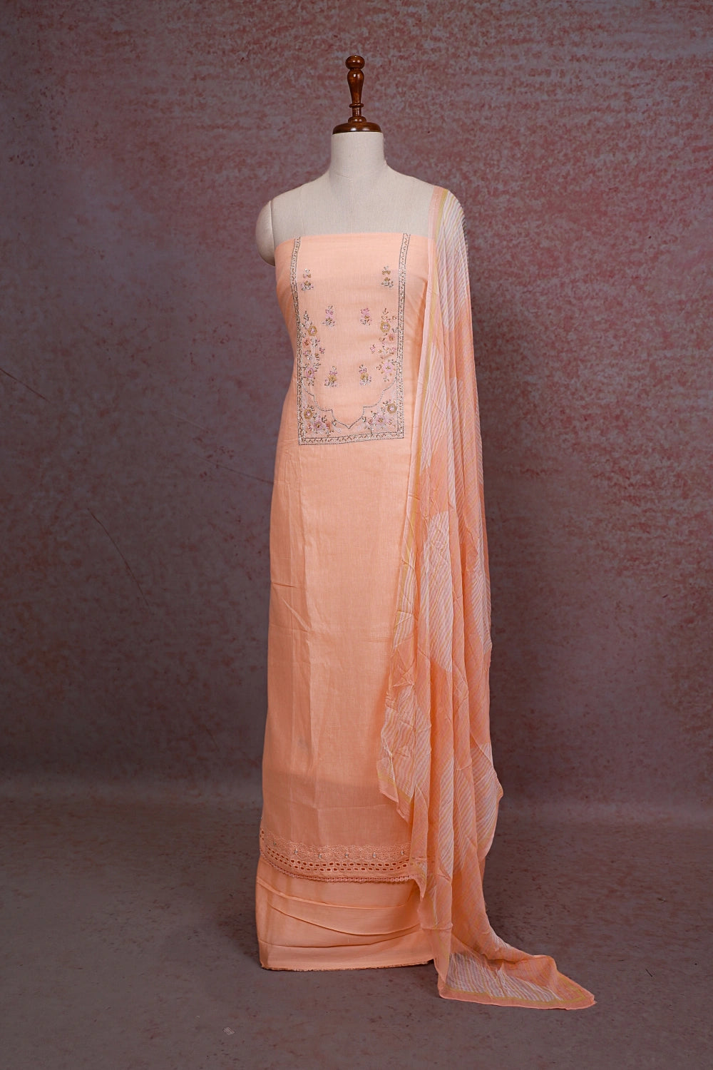 Peach Semi Linen Hand Worked Unstitched Churidhar Material